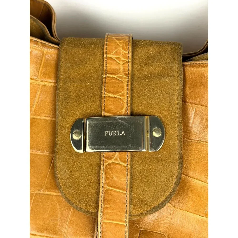 Y2K Vintage Furla Italian Leather Croc‎ Embossed Shoulder Bag Camel Hobo Purse